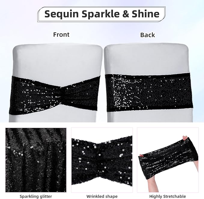 Poise3EHome Black Sequin Chair Sashes 100 Pack,Folding Chair Cover Bands for Wedding Party Ceremony Banquet Decorations