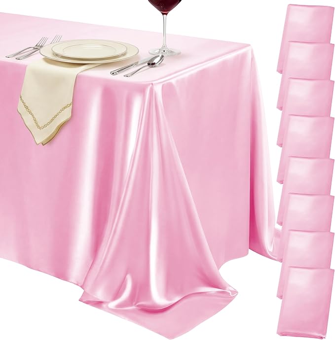8 Pack Pink Satin Tablecloth 58 x 102 Inches, Rectangular Satin Table Cloths for Wedding Reception, Birthday Party, Graduation & Holiday Banquet Tables