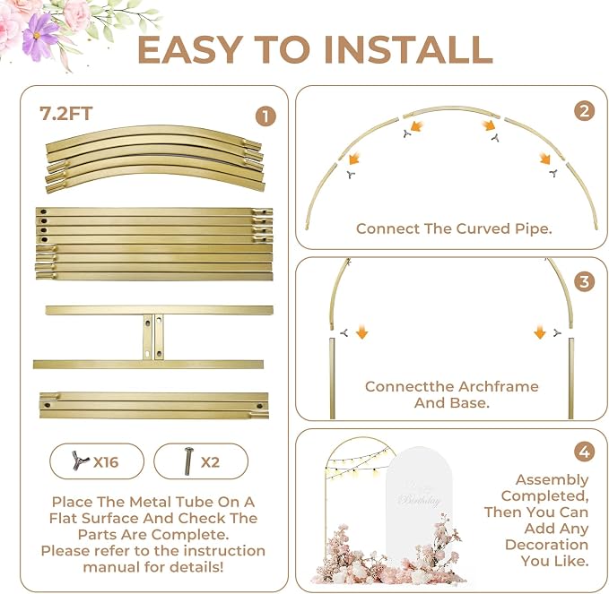 Babenest Gold Arch Backdrop Stand Set of 2, Metal Arch Wedding Stand, Balloon Arch Frame for Ceremony Birthday Party Bridal Baby Shower Banquet Halloween Decoration(7.2FT 8FT)