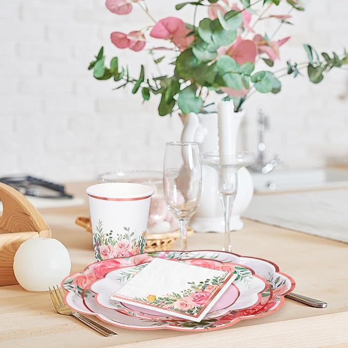 Whaline Floral Tableware Set Pink Flower Rose Gold Foil Disposable Party Supplies Scalloped Plates Paper Napkins Cups for 25 Guests Spring Wedding Bridal Baby Shower Birthday