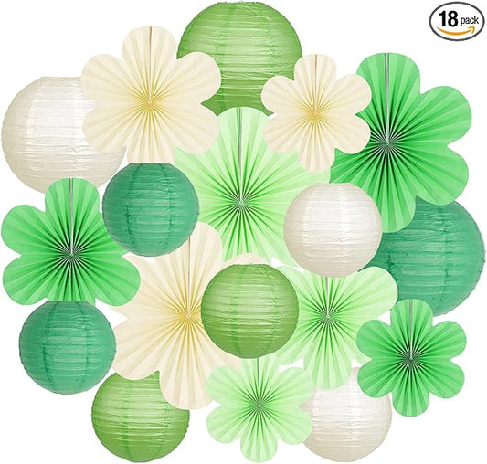Green Party Decorations Paper Lanterns Flower Fans for Spring Birthday Wedding Shower St Patricks Day Classroom or Garden Party Decor Set of 18