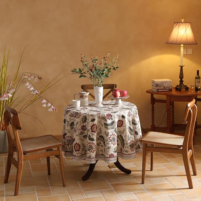 ISAENNE Designer Vintage Linen Round Tablecloth,Diameter 55"-Ratina | French Elegant Beautiful Durable Printed Table Cloth,Floral Pattern,Decoration,Heavyweight,Dining,Kitchen,Thanksgiving
