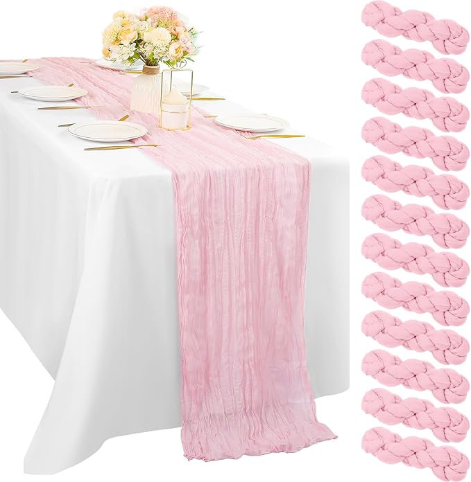 Light Pink 12 Pcs Cheesecloth Table Runner 10FT Runner for Tables Gauze Fabric 35 x 120 Inches Long Boho Table Runner Decoration Rustic Sheer Runner for Wedding Birthday Baby Shower Party (Light Pink)