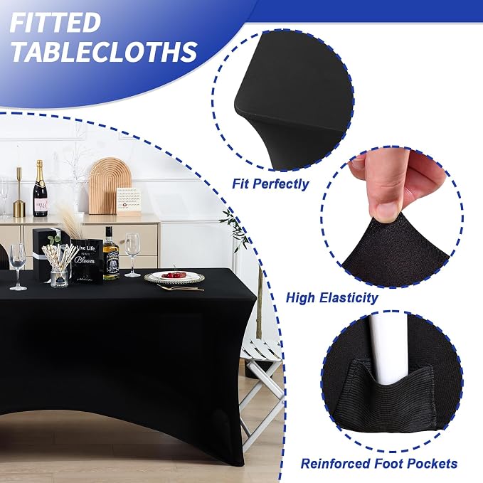 Fixwal 3 Pack Black Table Cloth for 6FT Rectangle Tables, Rectangular Tablecloths Stretch Spandex Fitted Table Covers 6FT for Party, Trade Show, Banquet, Wedding, Buffet, Graduation Decoration