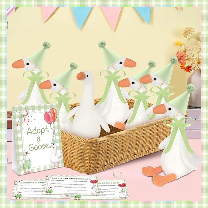 39 Pcs Adopt a Silly Goose Party Favor Include 12 Silly Goose Stuffed Animal 12 Mini Hat 12 Adoption Card 1 Adoption Sign 1 Ribbon 1 Fence for Baby Shower Party 1st Birthday Decoration