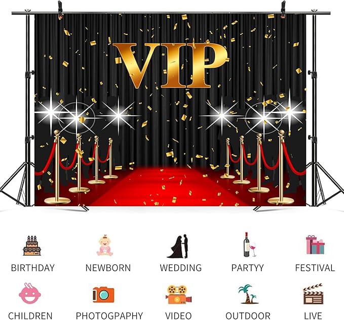 10x8ft VIP Backdrop Red Carpet Event Photography Background Black Curtain Star Catwalks Stage Film Movie Music Night Gold Banner Decorations Celebrity Activity Portrait Photo Booth Prop