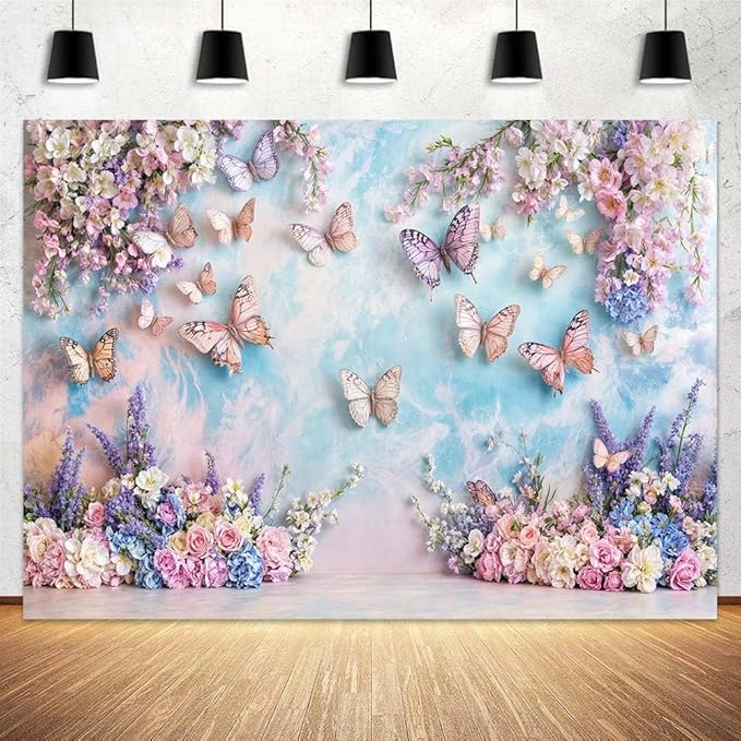 10X8FT Purple Butterfly Floral Backdrop Elegant Flowers Photography Background for Girls Princess Butterfly Theme Birthday Baby Shower Events Party Decor Table Cake Photo Backdrops Photo Booth Prop