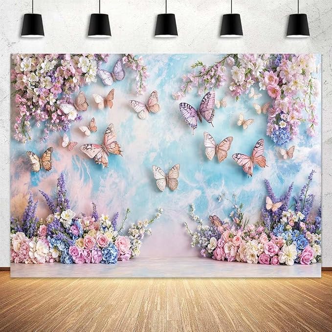 Purple Butterfly Floral Backdrop Elegant Flowers Photography Background for Girls Princess Butterfly Theme Birthday Baby Shower Events Party Decor Table Cake Photo Backdrops Photo Booth Prop
