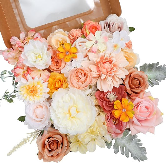 Garisey Artificial Flowers Combo, Mix Silk Flowers Roses, Peonies, Dahlias with Stems for DIY Wedding Bridal Bouquet, Baby Shower, Table Centerpieces, Home Decor, Floral Arrangements-Champagne Powder