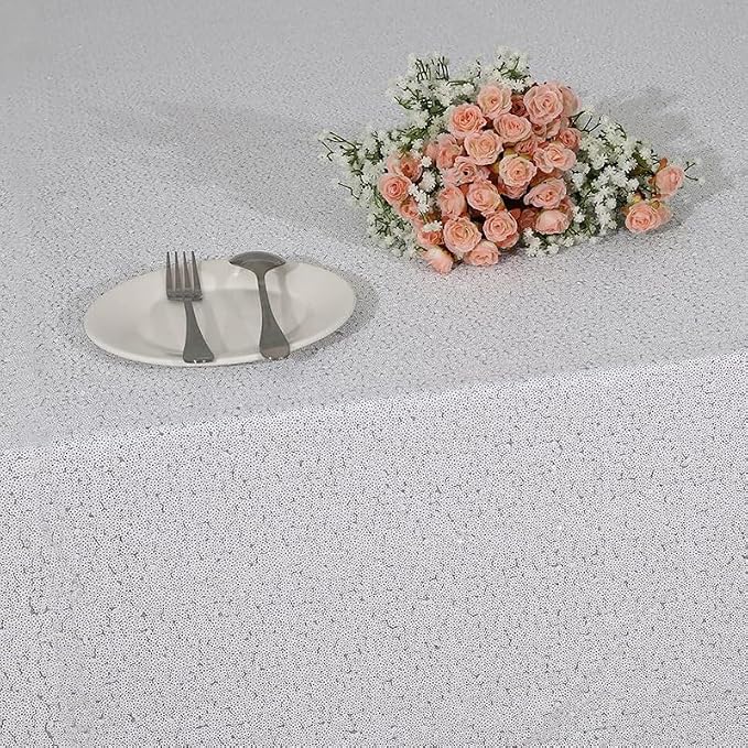 Sequin Tablecloth 132 inch Round Sparkly Table Cover Glitter Table Overlay for Party Dinner Festival Wedding Exhibition Dessert (White)