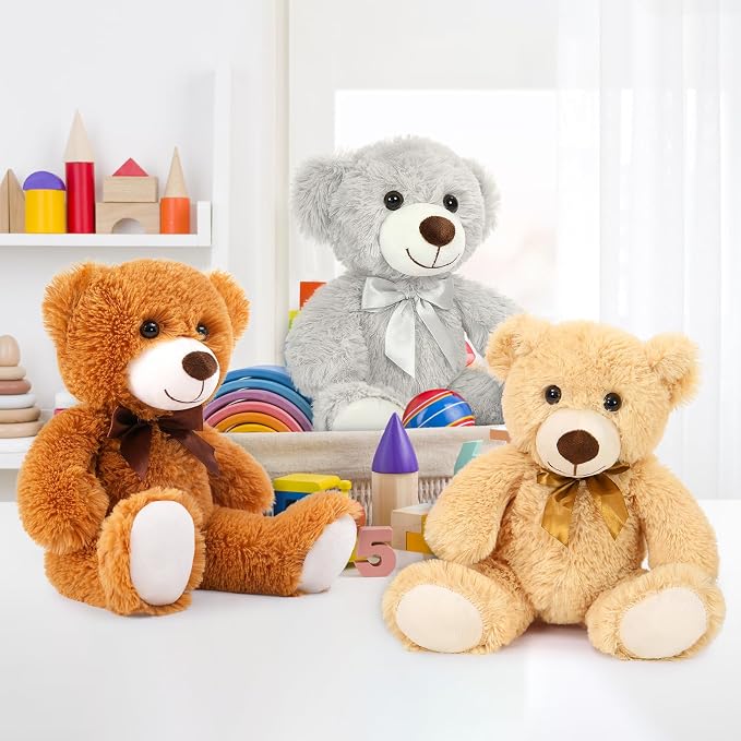 MaoGoLan 3 Pieces Bulk Teddy Bears Stuffed Animals Baby Shower, Soft Small Stuffed Teddy Bears in Bulk, 13.5" Cuddly Mini Teddy Bears Centerpiece,Wedding,Party,Engagement,Tan,Dark Brown,Gray