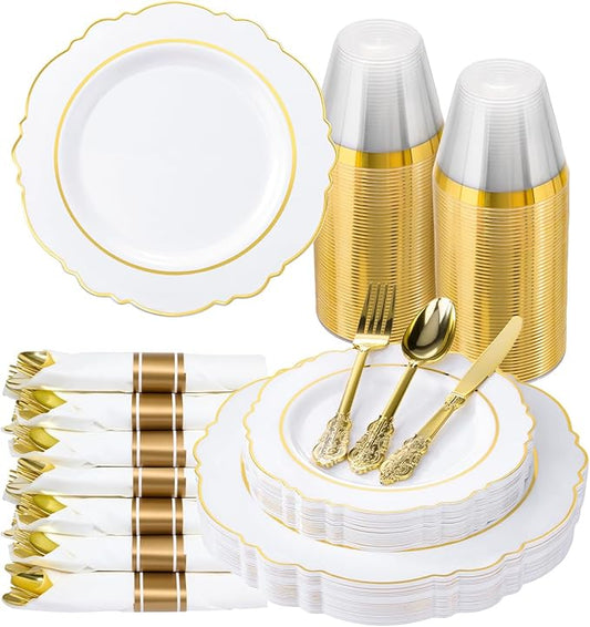 realluck 175 Piece White Gold Plastic Dinnerware Set for 25 Guests Elegant Baroque Disposable Dinnerware for Weddings, Parties, 50 Plastic Plates, 25 Pre Rolled Napkins with Silverware, 25 Cups
