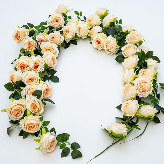 2Pcs 12Ft Bendable Artificial Flower Garland Faux Rose Vine Hanging Floral Garland for Wall Decor Trellis Fence Home Room Garden Wedding Decoration(Champagne)