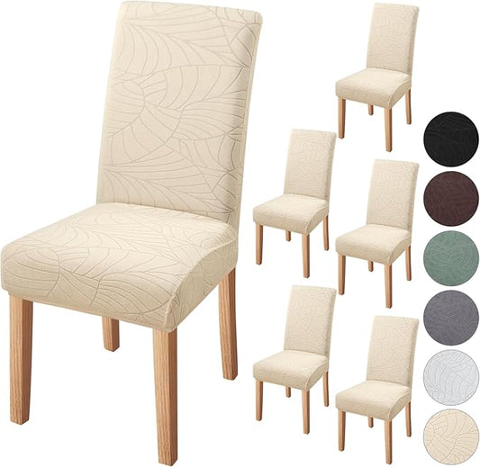 Fuloon Chair Covers for Dining Room 6 Pack, Solid Stretch Dining Chair Covers, Washable Kitchen Slip Covers, Jacquard Parson Chair Covers Set of 6(Leaf Jacquard Beige, 6 Pack)