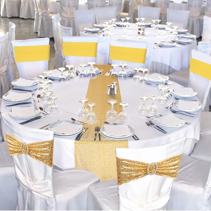 Newwiee 54 Pcs Gold Sequin Chair Sashes and Table Runners, 48 Sequin Chair Bows, 6 Glitter Table Runners for Birthday Party Wedding Banquet Holiday Decorations