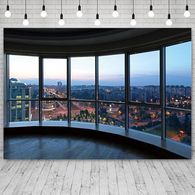 8x6ft Office Backdrop Window City View Photography Background Sunset Business Buildings Wooden Floor Online Meeting Urban Banner Decorations Video Conference Portrait Photo Booth Prop