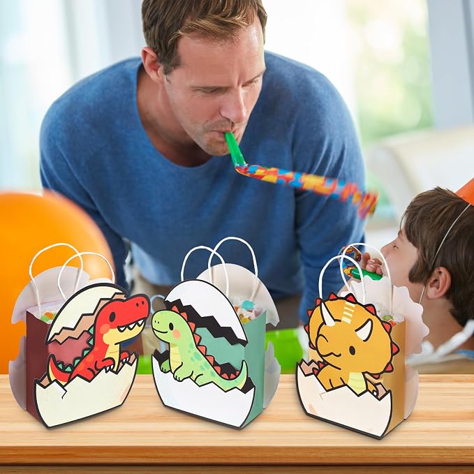 Tosstuki 12 Pcs Dinosaur Party Favor Bags 3D Dinosaur Birthday Gift Goodie Bags with Handles Little Dino Treat Paper Bag for Candy Dino Themed Birthday Party Decorations Supplies