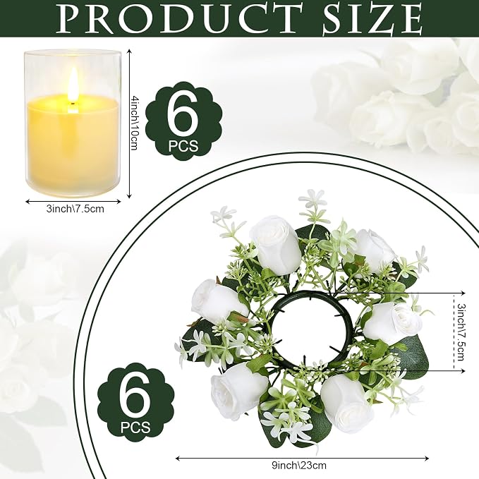 12 PCS Artificial Roses Rings - 3 Inch Roses Flower Wreaths with LED Candles Eucalyptus Pillar Holder Wreath for Wedding Table Centerpiece Home Decorations, White, 6 Sets