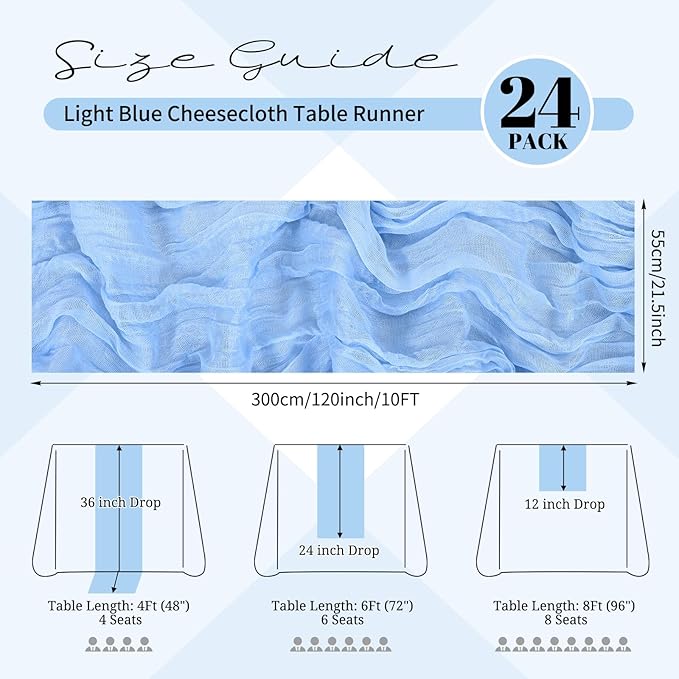 24 Pack Light Blue Cheesecloth Table Runner 120 inch Fall Thanksgiving Boho Rustic Gauze Farmhouse 10FT Cheese Cloth Runner for Baby Shower Wedding Party Holiday Home Decor