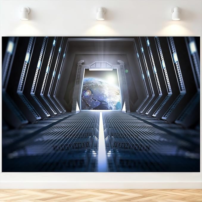 6x4FT Spaceship Interior Backdrop Outer Space Station Galaxy View Science Fiction Theme Photography Background for Kids Adults Birthday Baby Shower Party Decorations Photo Studio Props