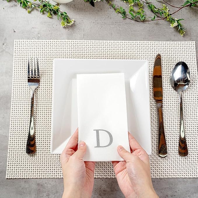 Luxenap 15.8 X 7.9 Inch Linen-Feel Guest Towels, 2000 Lettered Hand Towels - Silver Letter 'D', Sans Serif Font, White Paper Dinner Napkins, airlaid, For Restrooms And Tables - Restaurantware