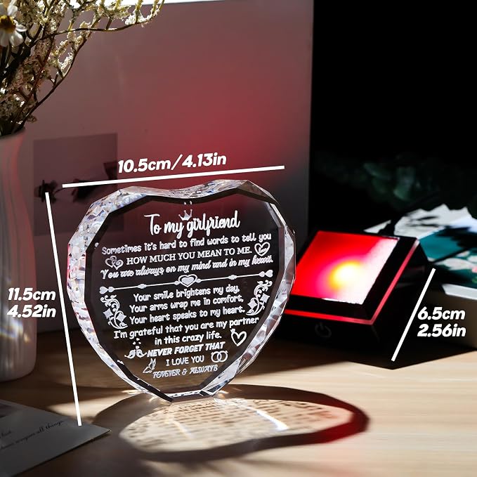 Arikyrist Gifts for Girlfriend Heart Crystal Keepsakes to My Girlfriend with Colorful Base Anniversary Birthday Graduation Gifts for Girlfriend from Boyfiend