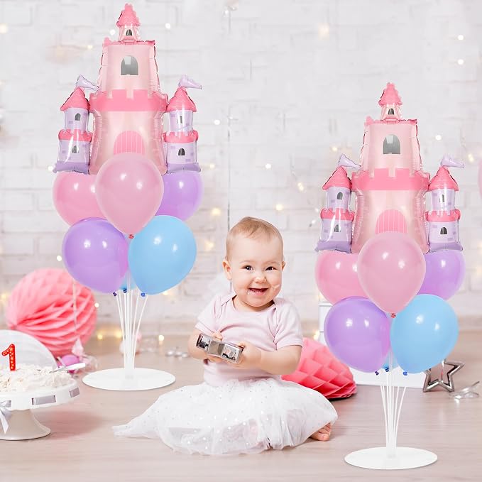 Princess Party Balloons Stand Kit 2 Sets with 2 Princess Castle Foil Balloons Pastel Blue Pink Purple Themed Party Balloon Centerpiece for Tables for Girls Baby Shower Fairytales Birthday Decorations