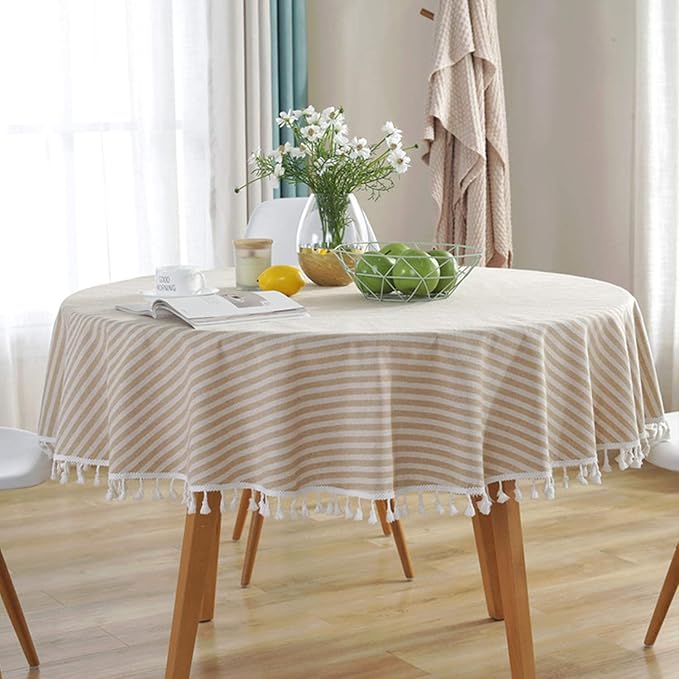 meioro Round Tablecloth Stripe Tassel Table Cloth Cotton Blend Dust-Proof Table Cover for Dining Circle Coffee Side End Card Tables, Parties Holiday Indoor Outdoor Use (Beige Stripes, 39 Inch)