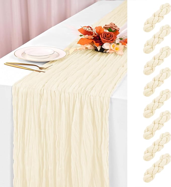 8 Pack Ivory Cheesecloth Table Runner 120 Inch 10FT Boho Rustic Cream Sheer Gauze Cheese Cloth Table Runner for Wedding Baby Shower Birthday Party Table Decor