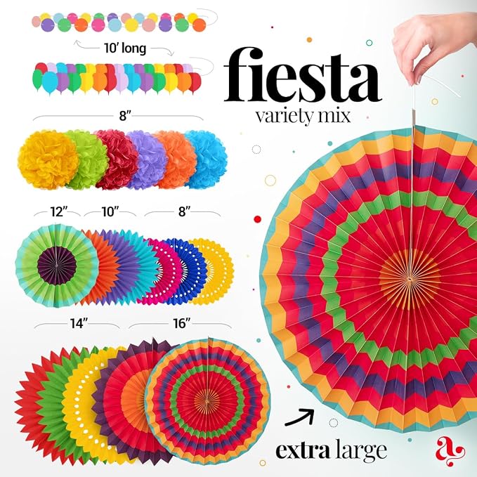 Mexican Fiesta Party Decorations - Colorful Paper Fans for Birthdays, Baby Showers, Cinco de Mayo, Festivals, Taco Decor Themes, and Congratulations Decorations - Mexican Party Decor by Avoseta