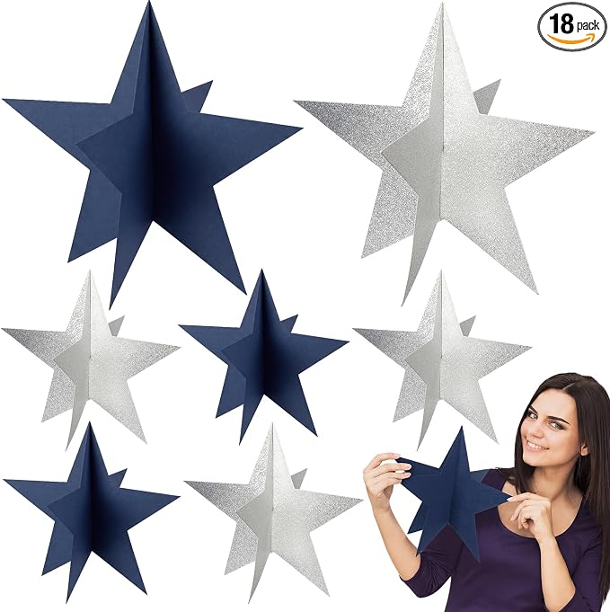 Sinload 18 Pcs Large 3D Glitter Star Decorations Back to School Work Navy Blue Silver Star Centerpiece Standing Hanging Decor for School Centerpiece Starry Movie Night Themed Party Decor