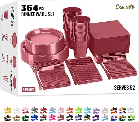 350 Pcs Burgundy Plastic Plates For Party, Burgundy Disposable Plates Set, 50 Of Each 9" Dinner Plate Set, 7" Dessert Plate, Cups, Napkins & Cutlery Plastic Dinnerware Set Exquisite