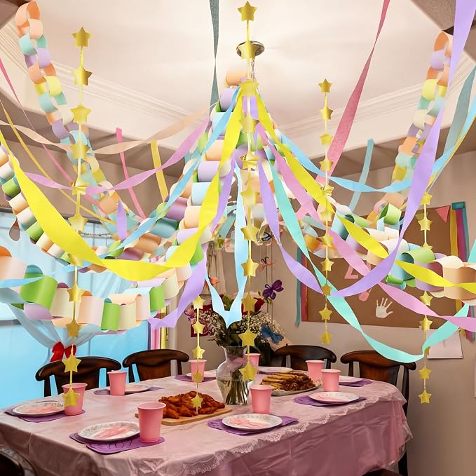 Gueevin Fancy Birthday Whimsical Party Decor 600 Sheets Pastel Paper Chain Garland 2 Pack Star Curtains 492 ft Pastel Crepe Paper Streamers Party Decor for Whimsical Fancy Birthday Supplies