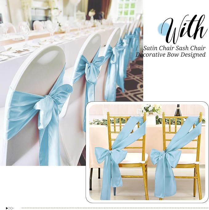 Pesonlook 60 PCS Light Blue Satin Chair Sashes Bows Satin Chair Sashes Universal Chair Cover for Wedding Reception Restaurant Event Decoration Banquet,Party,Hotel Event Decorations (7 x 108 inch)