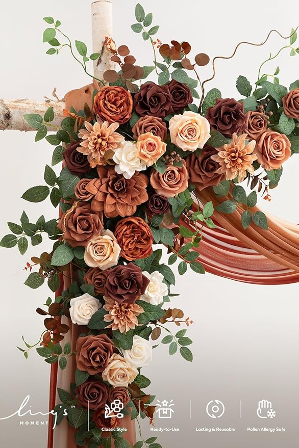 Ling's moment Wedding Arch Flowers with Drapes Kit-Pack of 5, 2pcs Flower Arrangements 3pcs Sheer Hanging Drapes Ceremony Arbor Backdrop Artificial Rose Floral Decor, Terracotta & Burnt Orange
