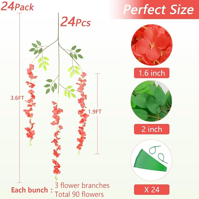 24Pcs Artificial Wisteria Hanging Flowers, 3.6Ft/Pcs Red Fake Wisteria Garland for Wedding Party Home Garden Indoor Outdoor Decoration