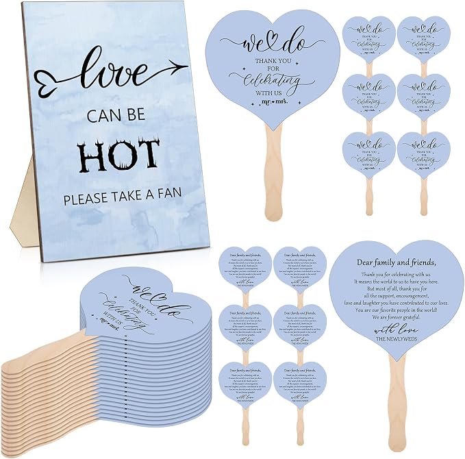 51 Pcs Wedding Fans for Guests Wedding Favor Paper Fans with Handle Bulk Table Sign for Ceremony Bridal Party Decoration(Blue,Classic)