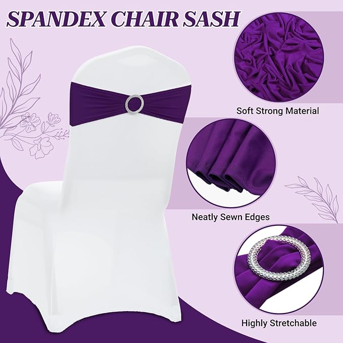 VDS - Purple | Spandex Chair Sashes Bows | 50 PCS | Stretch Elastic Banquet Universal Folding Chair Band Tie with Silver Buckle Slider for Wedding Party Conference Celebration Event Decoration