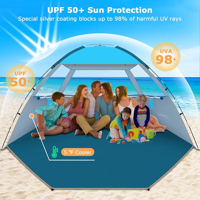 COMMOUDS Beach Tent Sun Shelter for 3/4/6/8 Person, UPF 50+ UV Protection Beach Shade Canopy Tent, Lightweight, Easy Set Up and Carry