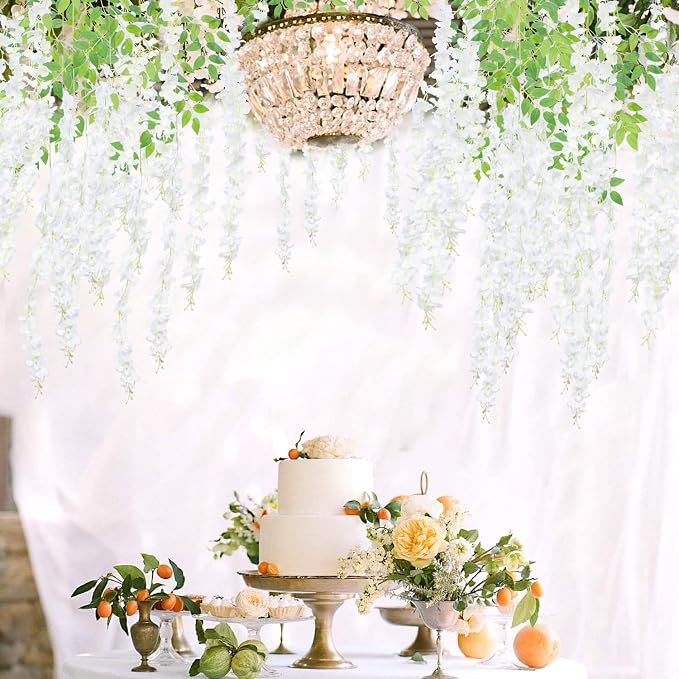 AITISOR 12 Pack Artificial Flowers Silk Wisteria Vine Ratta Hanging Flower (White)