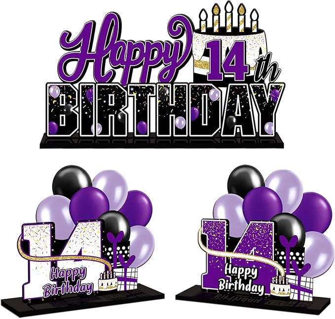 LINGTEER Happy 14th Birthday Purple Acrylic Table Topper Centerpieces Set - Cheers to Fourteen Years Old Birthday 14th Bday Party Gift Decorations.