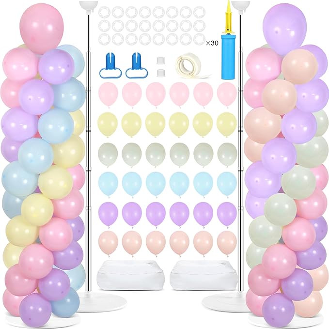 2 Sets Pastel Balloon Column Stand Kit with 100 Balloons Spring Mother's Day Adjustable Balloon Tower Stand with Bases for Floor Macaron Column for Graduation Birthday Rainbow Party Wedding Decor