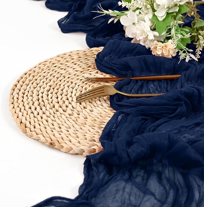12 Pack Navy Blue Cheesecloth Table Runner 10FT Boho Gauze Cheese Cloth Table Runner Rustic Sheer Fabric Table Runners for Wedding Bridal Shower Baby Shower Party(21.5×120 Inch)