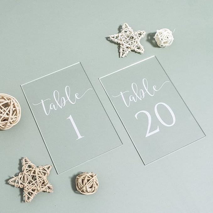 JINMURY Acrylic Wedding Table Numbers 1-30 with Stand- 4x6 Inch Clear Sign Printed Calligraphy Font, Acrylic Table Numbers with Holder Base for Wedding Party Reception