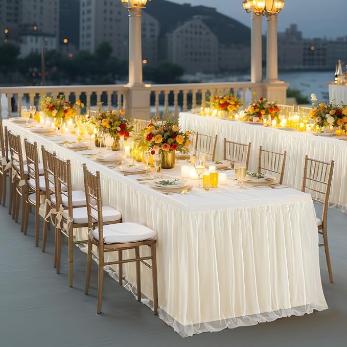 2 Pack Champagne Tulle Tablecloth with Skirt for 8 Foot Rectangle Tables, Party Ruffle Tutu Table Skirt Stretch Fitted Table Covers for Baby Shower Wedding Reception Bridal Shower Birthday Banquet