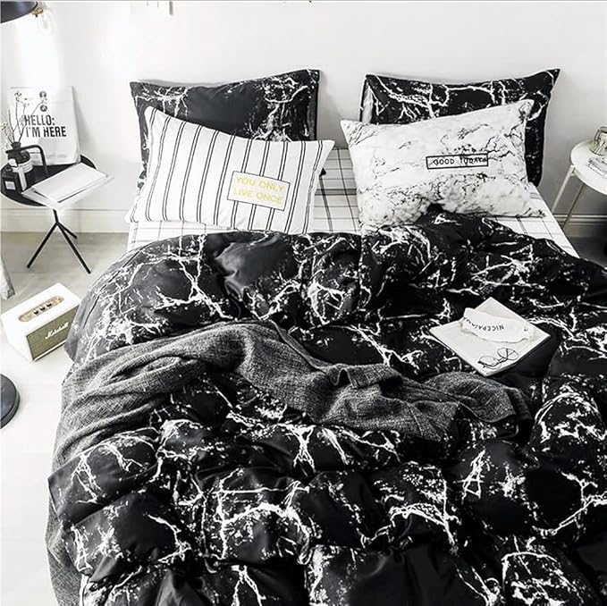 KAREVER Black Marble Comforter Set Cal King Black Bedding Set Women Soft Lightweight Comforter Men Durable Breathable Bed Comforter Set Cal King