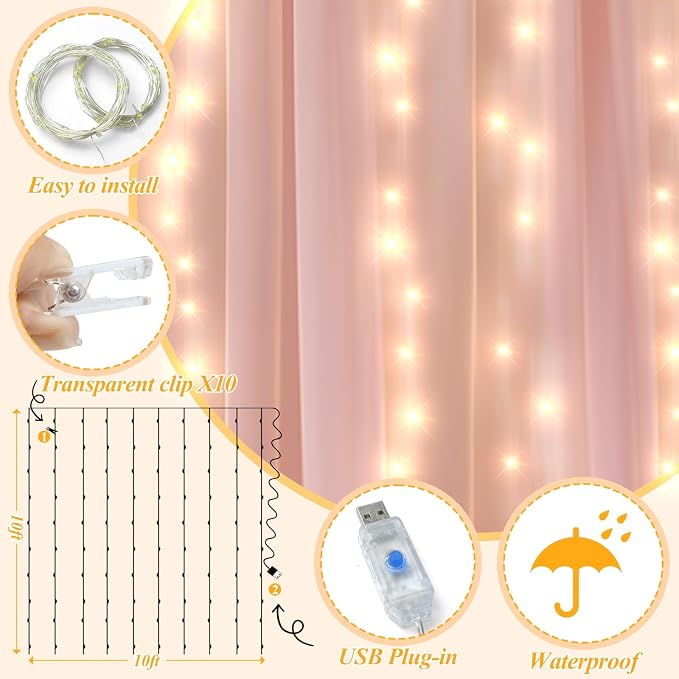 Ledido 10×8ft Pink Tulle Backdrop Curtains with Lights String - 300LED Fairy Lights Sheer Curtain Backdrop for Wedding Baby Shower Photo Shoot Birthday Party Decoration(2 Panels 5×8ft)，Pink