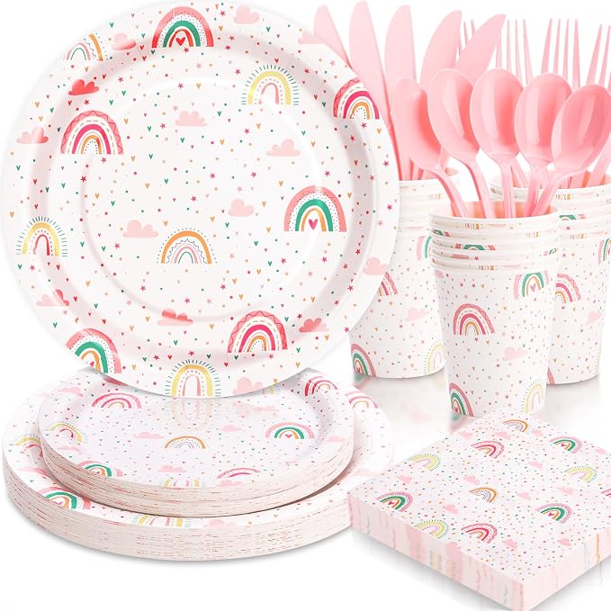 Boho Rainbow Birthday Decorations for Girl, 168Pcs Rainbow Plates and Napkins Party Supplies, Rainboww Party Plates Serve 24,Baby Shower for 1st 3rd 4th 5th Girl Birthday Decorations