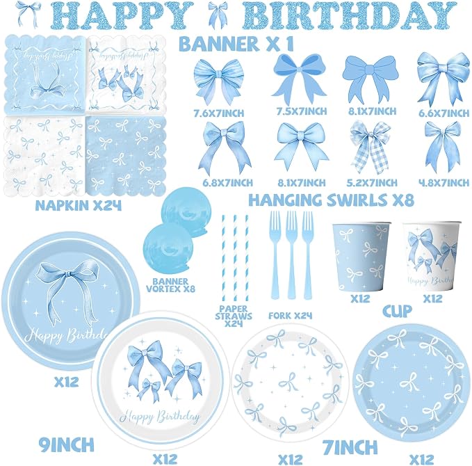 Blue Bow Party Supplies Serve 24,Coquette Birthday Decorations Include Bow Themed Tableware Tablecloth Backdrop Blue and White Balloon Arch Kit for Girls Birthday Decor