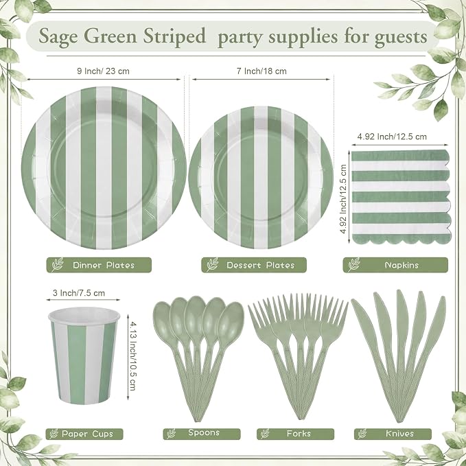 Mimorou 175 Pcs Sage Green Party Supplies for 25 Guests, Disposable Tableware Set with Green White Striped Paper Plates Napkins Cups Spoon Fork Knife for Baby Shower Birthday Bridal Party